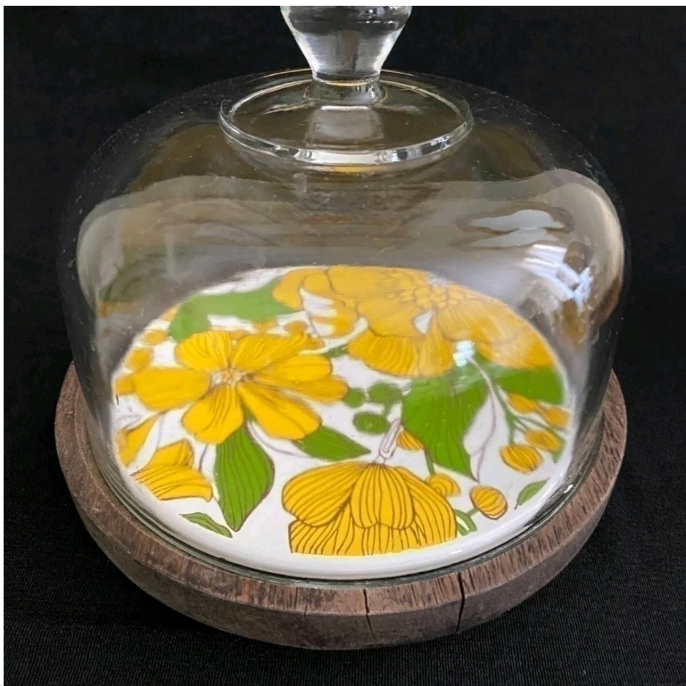 Vintage Retro Goodwood MCM Flower Power Cheese Tray Wood Glass Dome Lid Japan